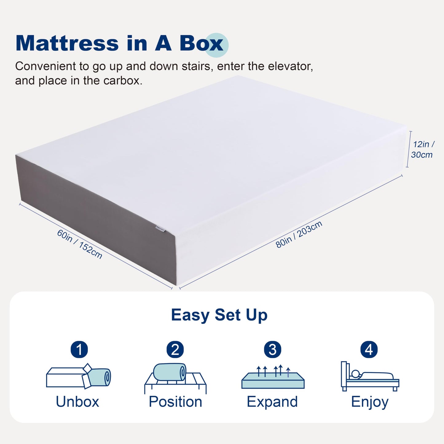 12 Inch King Memory Foam Mattress | Medium Firm | White/Grey | 80" x 76"
