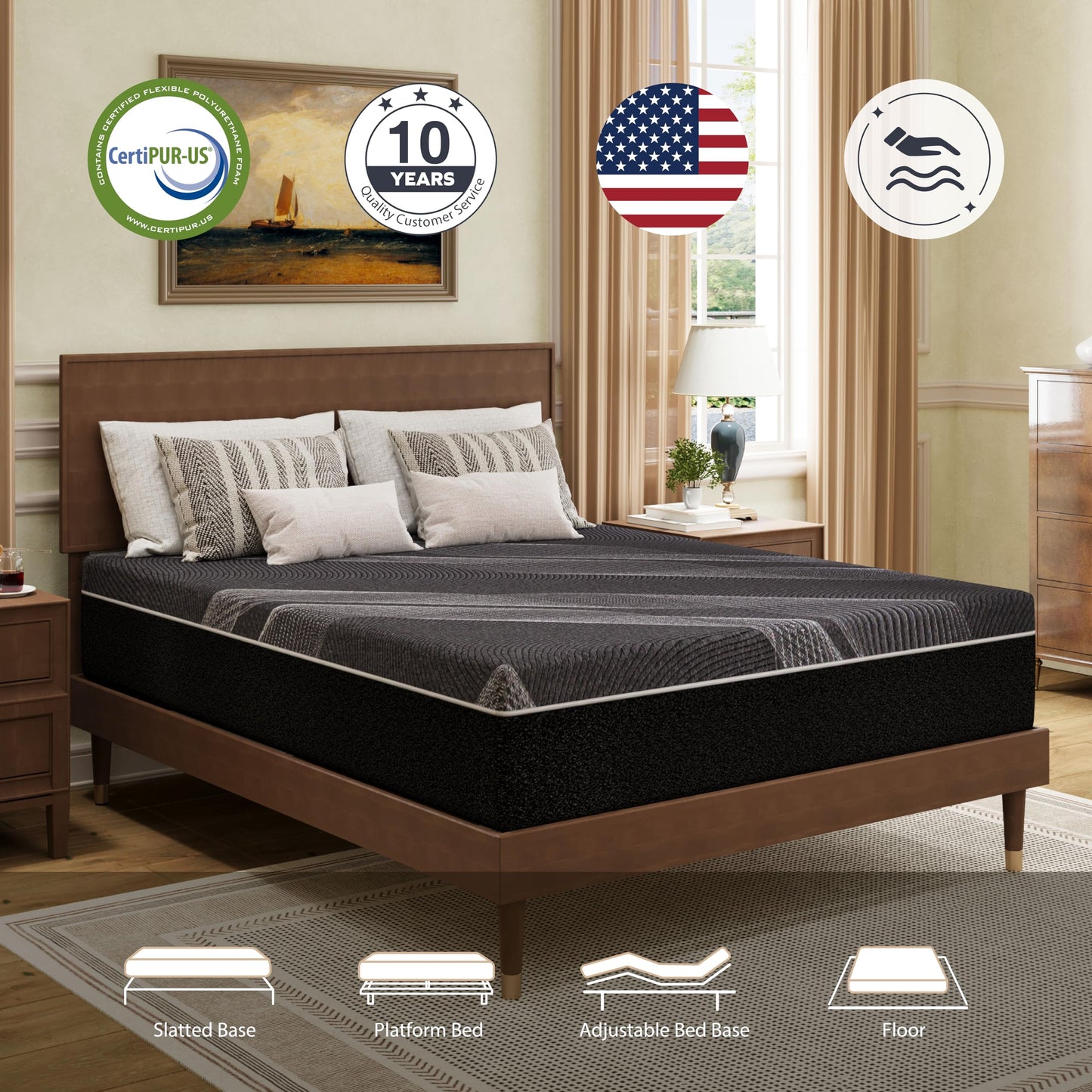 10 Inch Queen Size Charcoal Gel Memory Foam Mattress in a Box, Medium Bed, Cooling, CertiPUR-US Certified, Fiberglass-Free, Made in USA, 80" × 60"
