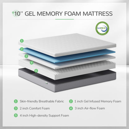10 Inch Queen Memory Foam Mattress | Gel Foam for Cool Sleep & Pressure Relief | Medium Plush