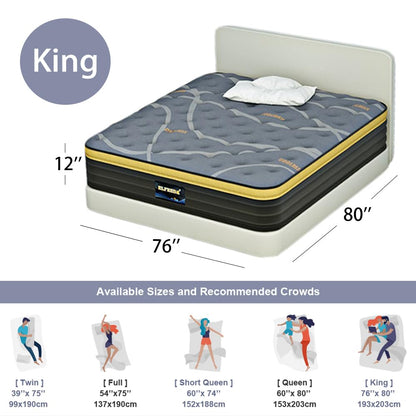 12 Inch King Hybrid Mattress | Firm Pillow Top with Memory Foam & Pocket Springs | Supportive, Pressure Relief