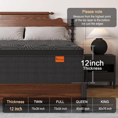 12 Inch Queen Hybrid Mattress | Medium Firm Memory Foam with Pocket Springs | Motion Isolation, Fiberglass Free | Dark Grey, 100 Night Trial