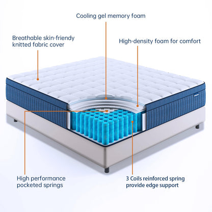 12 Inch California King Hybrid Mattress in a Box, Gel Memory Foam & Pocket Spring for Comfort, Pressure Relief, Edge Support