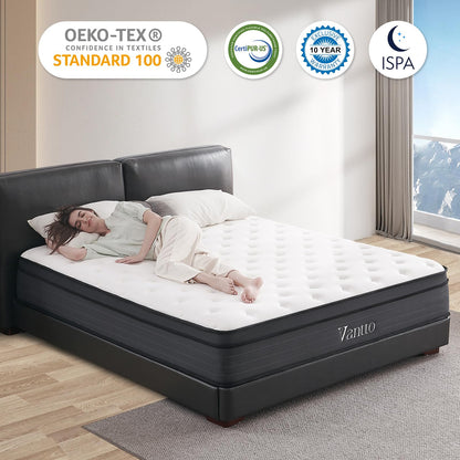 Queen Size Hybrid Mattress – 14 Inch Euro Top with Gel Memory Foam & Individually Pocketed Innersprings, Medium Firm, Motion Isolation & Edge Support, Black, 100-Night Trial